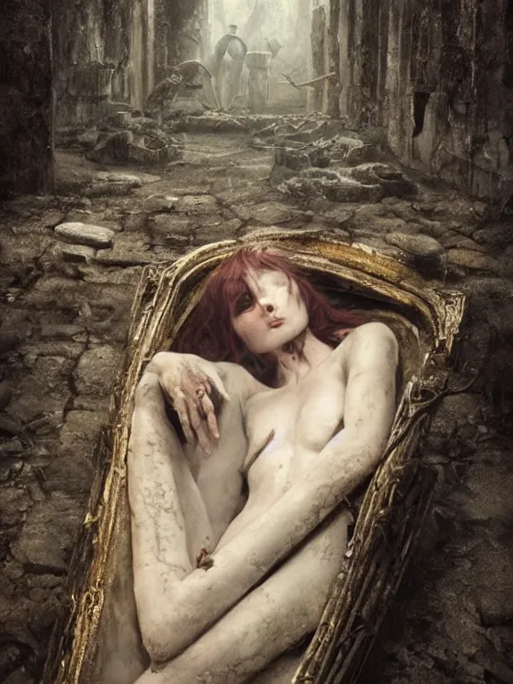 Prompt: A portrait of a female vampire in coffin on ruins,by Albert Lynch,Andrei Riabovitchev,,Gregory Crewdson,James Paick,Greg Rutkowski,aaron horkey,trending on pinterest,Blade Runner 2049,luxury,mythological,ultra realistic,high detail,golden ratio,cinematic lighting,maximalist