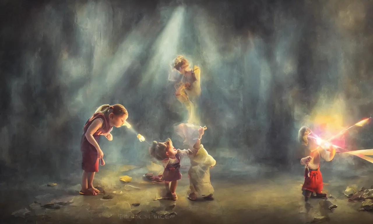 Prompt: a young child has a magic wand that can make things stop beautiful oil painting dramatic cinematic lighting