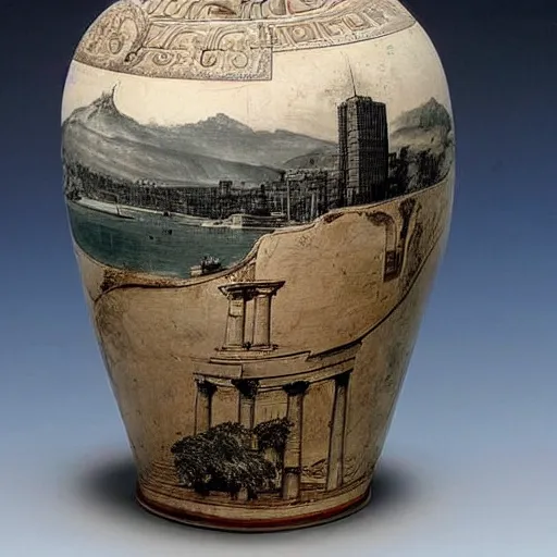 Prompt: a beautiful, ancient, greek amphora container, museum item, with drawings of new york's skyline