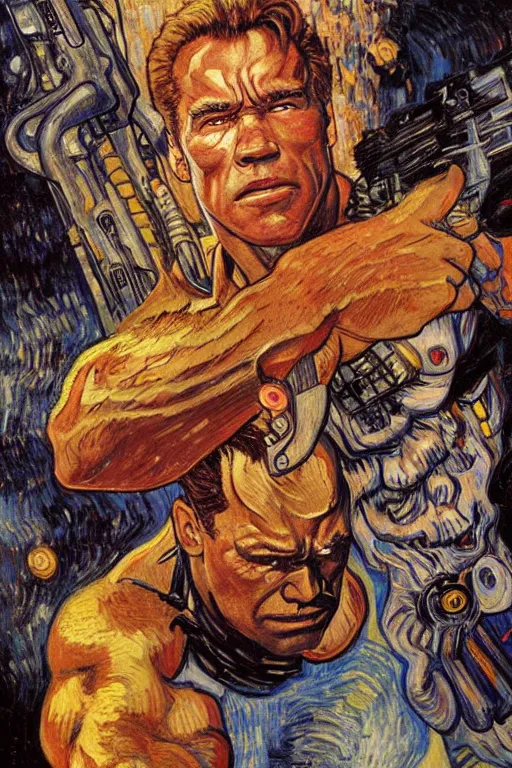 Image similar to character art the contra, bill rizer, arnold schwarzenegger, by karol bak, jean deville, gustav klimt, and vincent van gogh