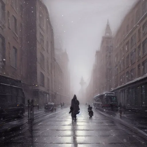 Image similar to two people in the street of london in winters, greg rutkowski style, trending on artstation
