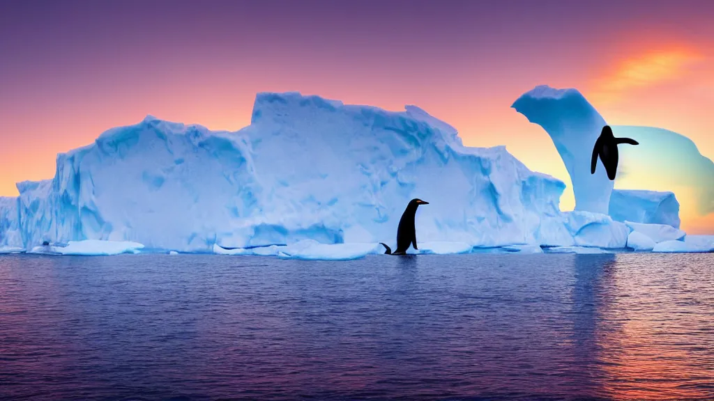 Image similar to photo of the most beautiful panoramic landscape, where a giant iceberg is lost in middle of the artic ocean, a giant penguin is exhaling steam while walking over the iceberg, there is nothing else, the artic ocean is reflecting the giant penguin over the iceberg and the ray lights of the sunset are brightening him, award winning photo, minimal style,