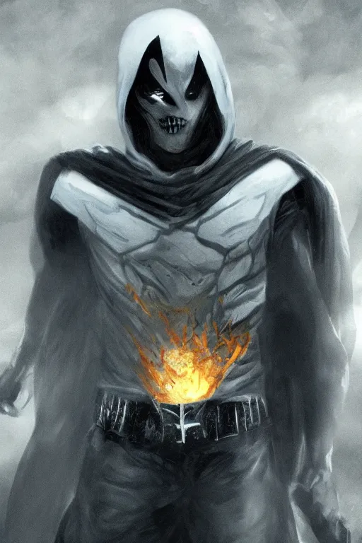 Prompt: characters portrait of Moon Knight mixed with Ghostrider by Alyssa Monks, full-shot, merged character, Full body shot, cinematic opening shot, 4k, highly detailed, cinematic lighting