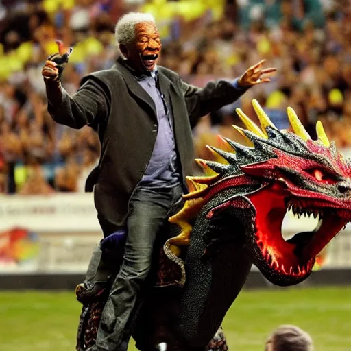 Image similar to morgan freeman riding a dragon that is about to score a goal