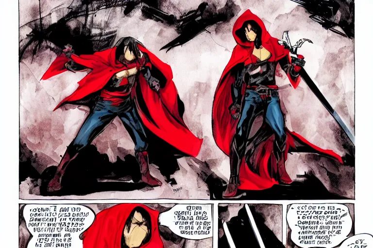 Image similar to a twin blade muscular swordsman, red and black cape and hoodie, scary, intimidating, worn out clothes, torn clothes, as a panel of a Marvel comic