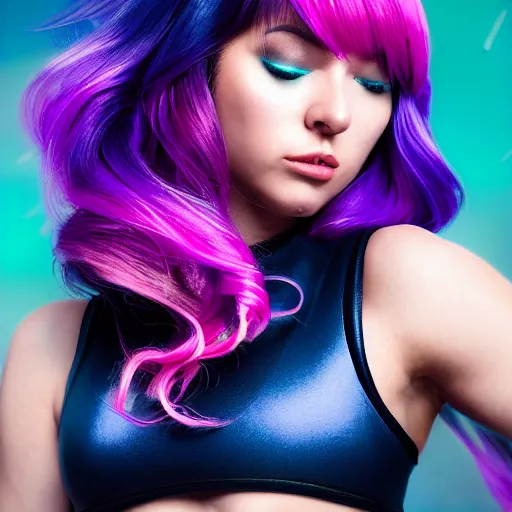 Image similar to a stunning high shutter speed action upper body portrait of a beautiful woman with a ombre purple pink hairstyle with head in motion and hair flying while wearing futuristic navy blue and teal battle bodyarmor and pauldrons by marvel comics, outrun, vaporware, action photography, highly detailed, fine detail, intricate, digital art, trending on artstation