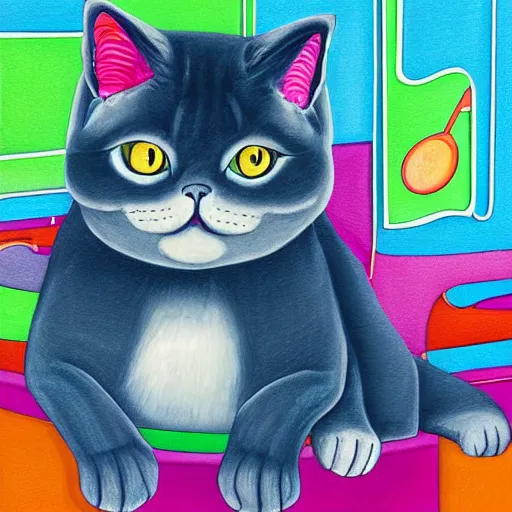 Prompt: portrait of a grey british shorthair cat sitting on wavy piano keys with musical notes in the background detailed colorful luminescent oil painting in the style of laurel burch and lisa frank 4 k