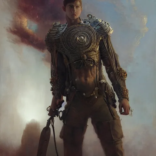 Image similar to handsome portrait of a young guy fitness posing, war hero, radiant light, caustics, volumetric wires surrounding, by gaston bussiere, bayard wu, greg rutkowski, giger, maxim verehin