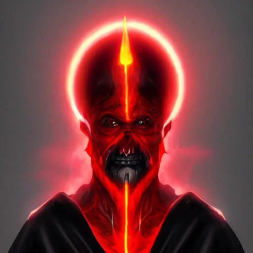 Image similar to dark lord looking into the camera, red glowing eyes, wearing black robe, white background, artstation