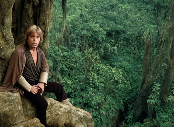 Image similar to luke skywalker at the new jedi temple, surrounded by jungle in the background. detailed portrait photo of faces. Photographed with Leica Summilux-M 24 mm lens, ISO 100, f/8, Portra 400