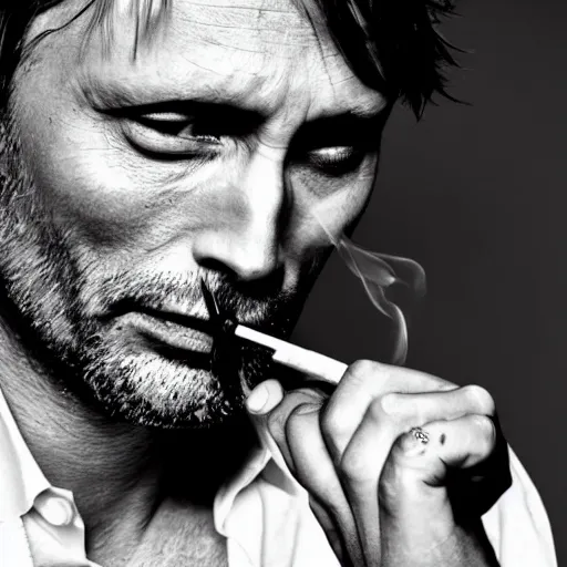 Image similar to Mads Mikkelsen smoking cigarette, looking sideway, epic smoking, cigarette between fingers, thoughtful, suspense, portrait black and white, masculine, virile