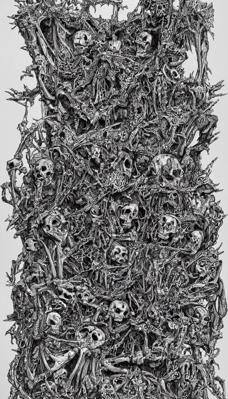Prompt: several dozen skeletons fused together into a throne, black and white, intricate, very detailed, in the style of mark riddick,