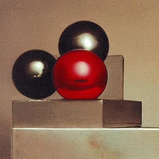 Prompt: chrome spheres on a red cube by francesco hayez