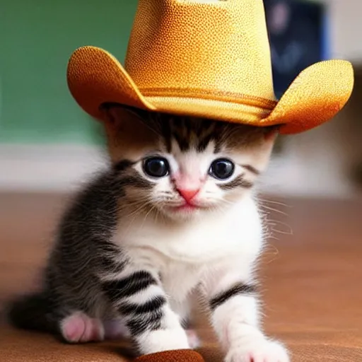 Image similar to a baby kitten wearing a cowboy hat that is missing his baby kitten boyfriend