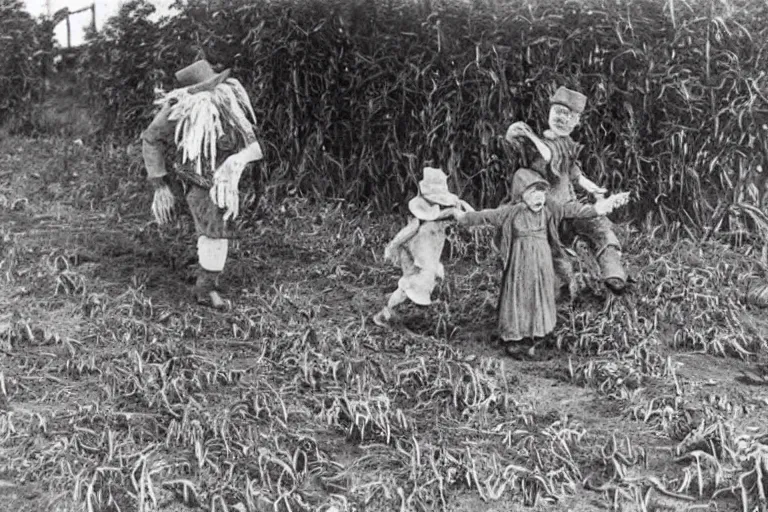 Image similar to disturbing scarecrow from the early 1 9 0 0's leading children into the cornfields