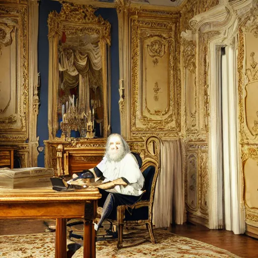 Image similar to An extremely detailed render of a 200 years old man with very old clothes, sitting at his Louis XIV desk, with very old curtains in the room, very old room. The very very very old man has a 1880 phone on his desk. Dust in the air, god rays, raytracing shadows, ambient occlusion, 8K, RTX 3090, trending on artstation, lumens