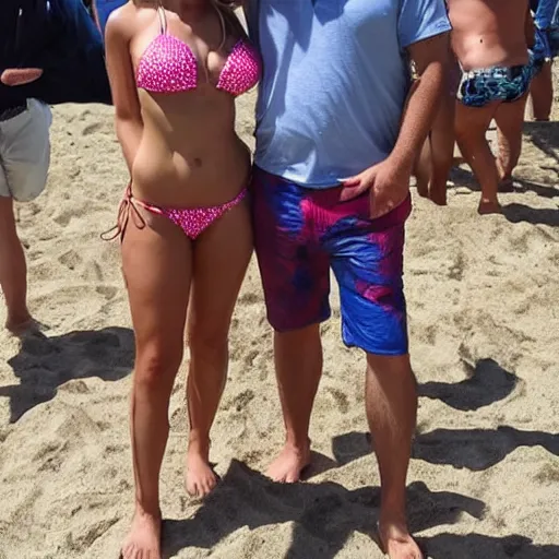 Image similar to photo of a 4 0 year old man that looks young for his age dating a very attractive 2 2 year old woman wearing a bikini. they at a rally.