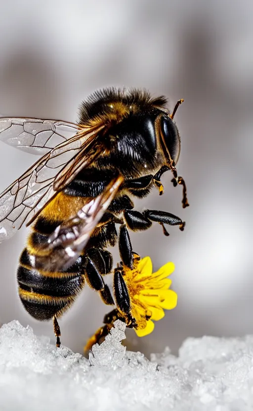 Image similar to a bee finding a beautiful flower, both entrapped in ice, only snow in the background, beautiful macro photography, ambient light