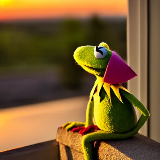 Image similar to Kermit the frog watching a nice sunset from his front porch , 8k , 4k , professional photography, award winning photo