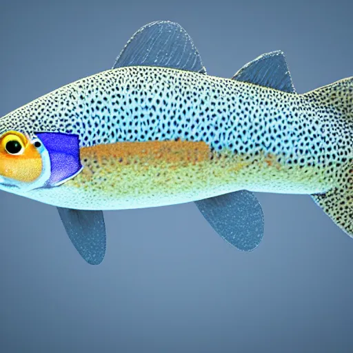 Image similar to 3 d render of a cute trout with a shakespearian collar in an aquarium on a dark blue background, digital art