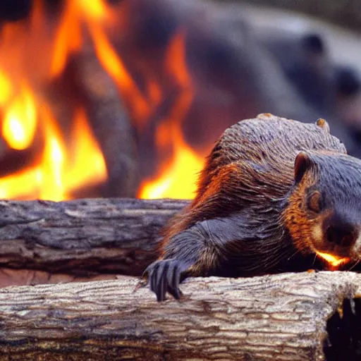 Image similar to beaver being roasted over a fire, photograph