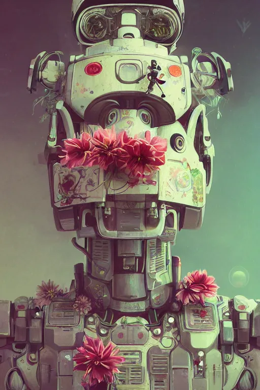 Image similar to a painting of a robot with flowers in his face, cyberpunk art by Mike Winkelmann, cgsociety, panfuturism, made of flowers, cryengine, prerendered graphics