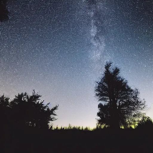 Image similar to calming relaxing trees silhouetted against a dark starry night sky from a distance
