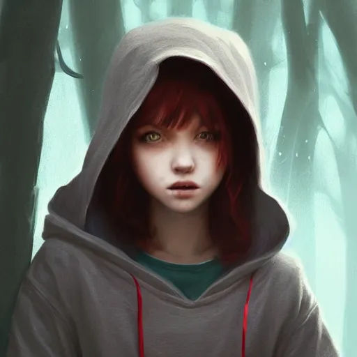 Image similar to a tiny girl with short red hair wearing a hoodie, digital art, cute face, very beautiful face, pretty face, very detailed eyes, full body illustration, 8 k resolution, soft painting, by greg rutkowski, wlop, rossdraws,