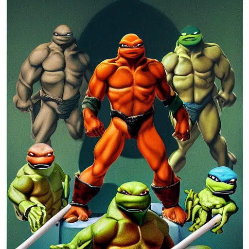 Image similar to Michaelangelo from the Teenage Mutants Ninja Turtles painted by Michaelangelo, masterpiece