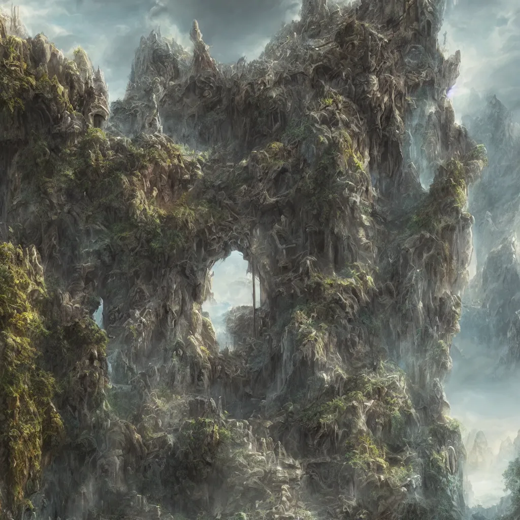 Prompt: A beautiful hyper realistic detailed matte painting of the entrance to a dungeon of the gods at the base of an ancient mountain, trending on artstation