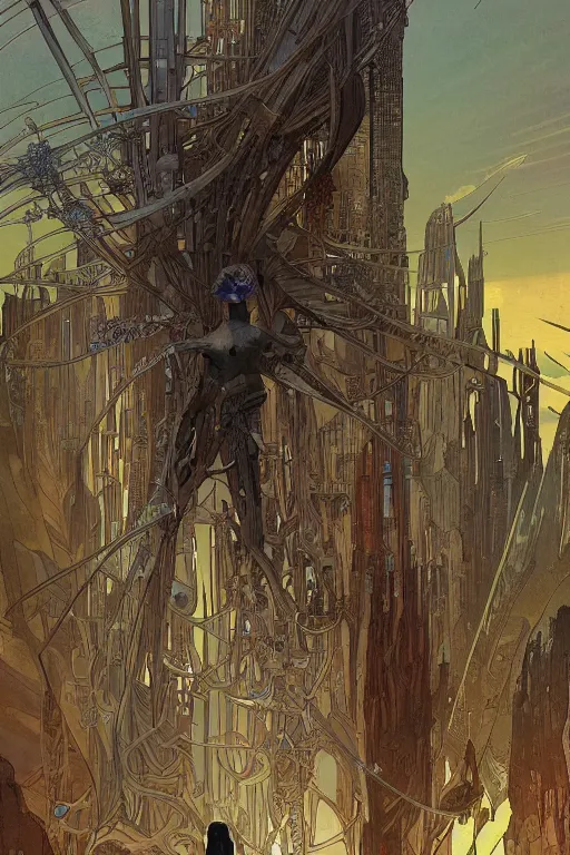 Image similar to comic book illustration, a very tall structure hovers 10 feet above the ground, the ground below it is scorched and cracked and a young girl stands near it looking up at it, cyberpunk concept art by Moebius and Alphonse Mucha, highly detailed, intricate, sci-fi, sharp focus, Trending on Artstation HQ, deviantart