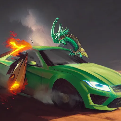 Image similar to dragon spits fire on a blue knight in a green hatchback car, close up, anime, desert landscape, greg rutkowski, Murata, one punch man manga,