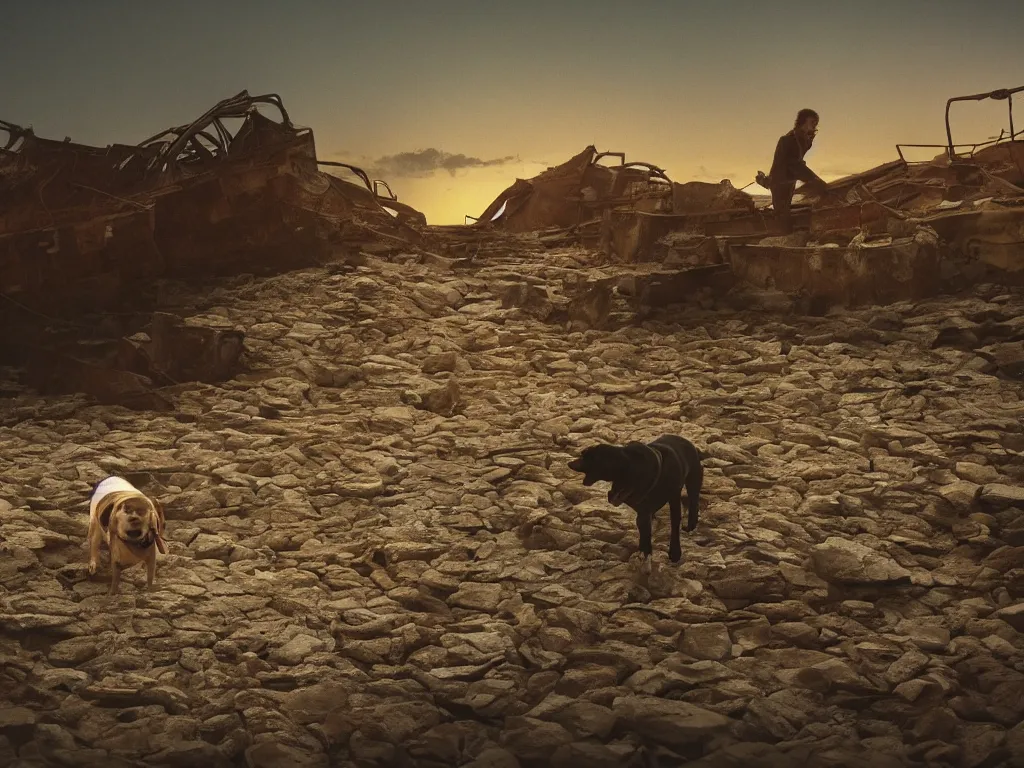 Prompt: dog with backpack sneaking through shipwreck yard, clear silhouette, night time, wes anderson, inside game, sommerville game