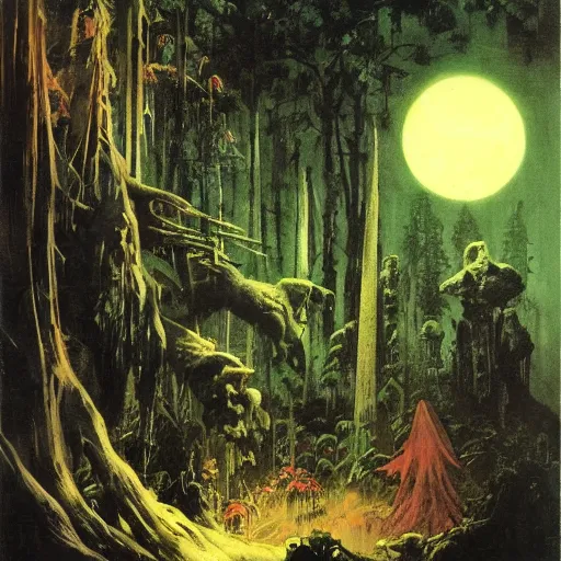 Prompt: an enchanted forest at night by frank frazetta