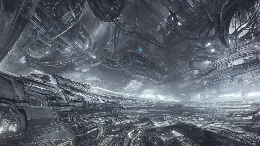 Image similar to a Photorealistic dramatic hyperrealistic,hyper detailed render of an Epic Sci-Fi, Gigantic Alien xenomorph spaceship inside huge interior hangar,intricate bio mechanical surface details in a top secret research facility,many tubes and cables hanging from the ceiling by Greg Rutkowski,Nicolas Bouvier,Sparth,ILM,Beautiful dynamic dramatic dark moody lighting,Volumetric,Cinematic Atmosphere,Octane Render,Artstation,8k