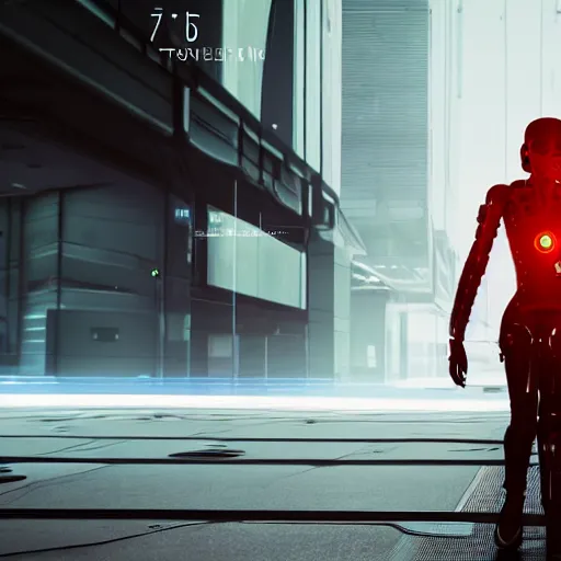 Image similar to photo of a lone terminator woman with borg implants walking in a futuristic city in a dystopian future made of electronic components and looks like a giant pcb board. Very detailed 8k. Unreal engine 5 render with nanite, global illumination and path tracing. Cinematic post processing. Emphasize on the colors black and red.