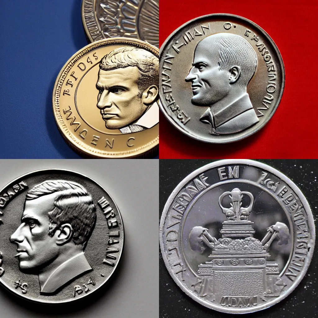 Prompt: A coin depicting Emmanuel Macron
