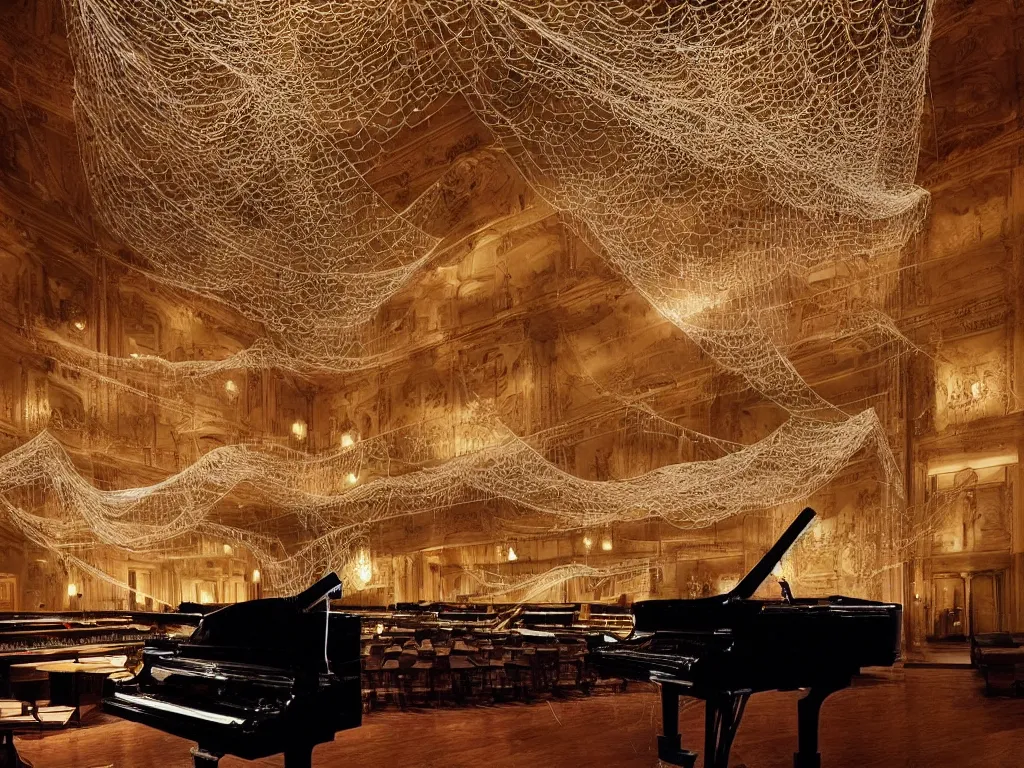 Image similar to “ grand piano encased in spiderwebs that stretch up to the ceiling in an opulent empty concert hall, photorealism, cinematic lighting, dramatic, melancholy, atmospheric ”