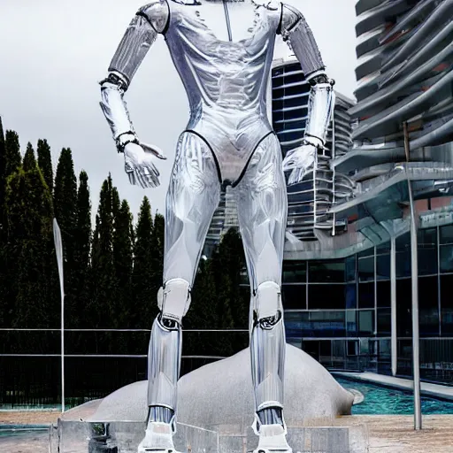 Image similar to made of ice, a realistic detailed photo of a guy who is an attractive humanoid who is half robot and half humanoid, who is a male android, on display, blank stare, showing off his muscles, shiny skin, posing like a statue, by the pool, frozen ice statue, f 1 driver pierre gasly, humanoid robot