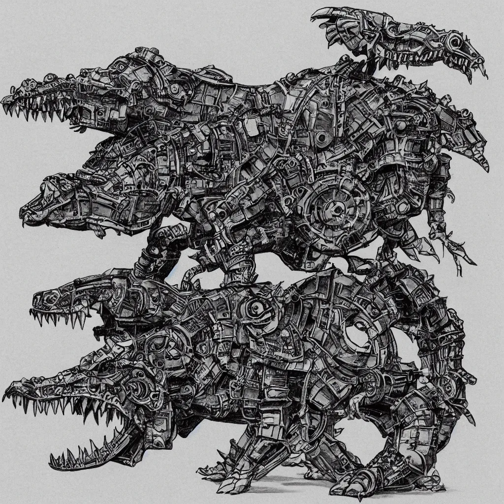 Image similar to drawing of steampunk crocodile mecha