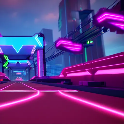 Image similar to a cyberpunk neon racing track in unreal engine, very high detailed, in a game, cinematic view