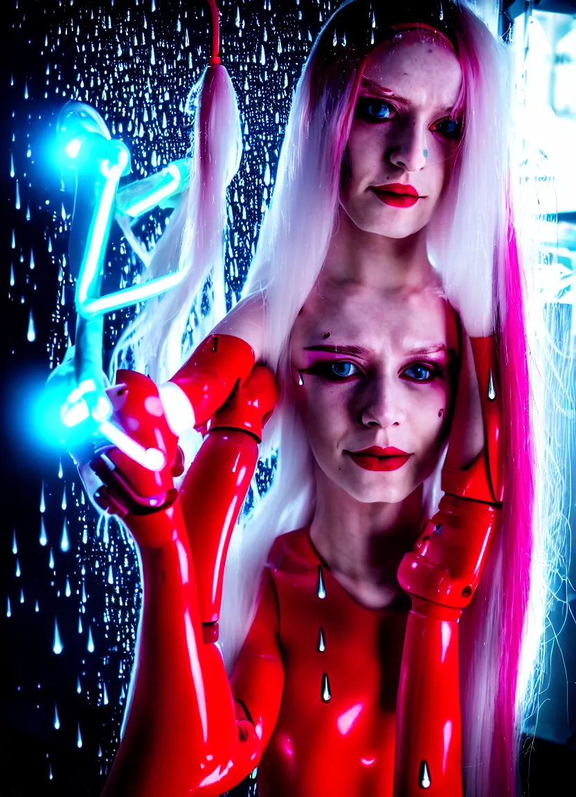Image similar to woman, android, long white hair, cyberpunk, artificial limbs, circuit, mechanisms, tattoos, neon lights, hard light, glamour, vogue photoshoot, fashion, lens flare, long dress, red dress, raindrops, rain, wet, wet hair, wet fabric, make - up, leaky make - up, red lipstick