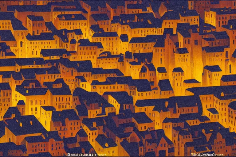 Image similar to view of the old city and its tree-lined winding streets still wet after a storm, tall windows lit up, beautiful ornamental architecture, dramatic cinematic lighting, rich colors, by Nicholas Roerich and ford madox brown and April Gornik and Sylvain Sarrailh and Ludwig Deutsch and Diego Rivera, featured on artstation