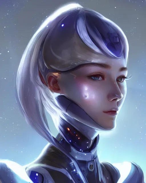 Image similar to perfect android girl family, full body character design, warframe armor, beautiful face, scifi, futuristic, galaxy, nebula, bae suzy, dreamy, long white hair!!!, blue cyborg eyes, sharp focus, cinematic lighting, highly detailed, artstation, divine, by gauthier leblanc, kazuya takahashi, huifeng huang