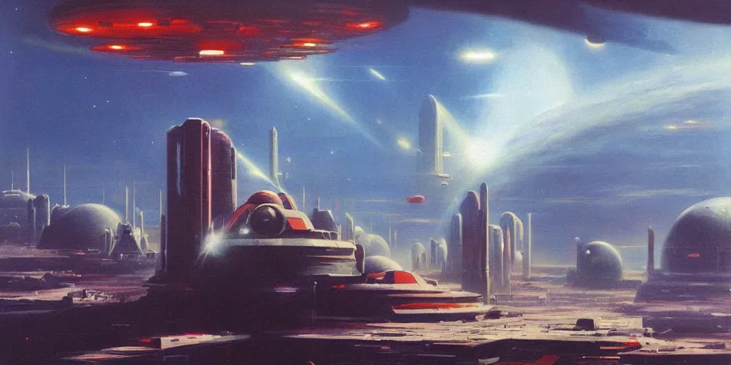 Image similar to a painting of low earth orbit space city by john harris.