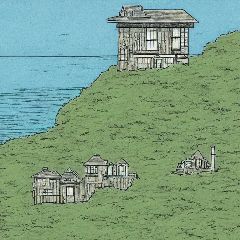 Image similar to drawing of a house on a hill overlooking a body of water, a comic book panel by hayao miyazaki, featured on tumblr, neo - romanticism, wallpaper, minimalistic