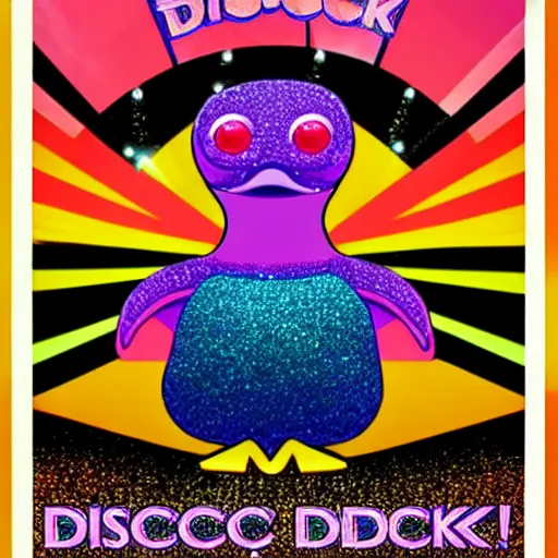 Image similar to the disco duck returns concert poster featuring the disco duck in his sparkling disco clothes.