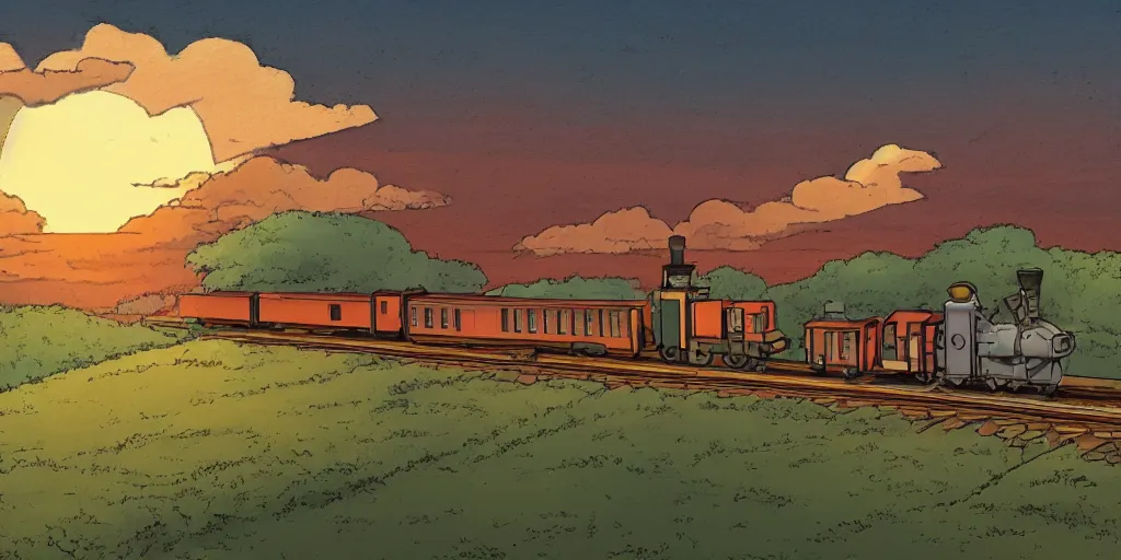 Image similar to a sunset railroad environment in the studio ghibli style, ghibli,