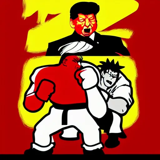 Image similar to xi jinping vs donald trump, street fighter, fight, fistfight, digital art