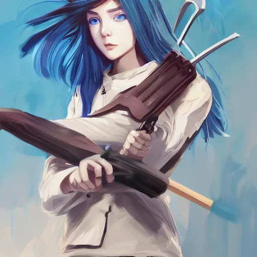 Prompt: ilya kuvshinov with long hair, sky blue hair, hazel eyes, boyish face, wielding a sword and shield, professional digital painting, concept art, award - winning photography, cinematic, forest background, awe, regal, wlop, art by andy warhol, pixiv art, yoshitaka amano